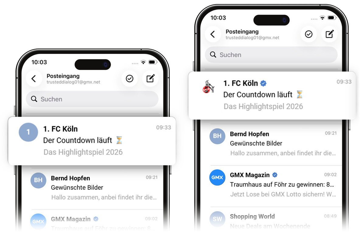 UIM-Original: Nachricht des 1. FC Köln in der GMX-App ohne und mit trustedDialog. Mit trustedDialog sind das Vereinslogo und ein blaues Prüfsiegel sichtbar.
