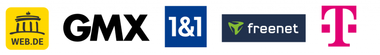 Logos der unterstützten Postfachanbieter für trustedDialog: WEB.DE, GMX, 1&1, freenet und Telekom.