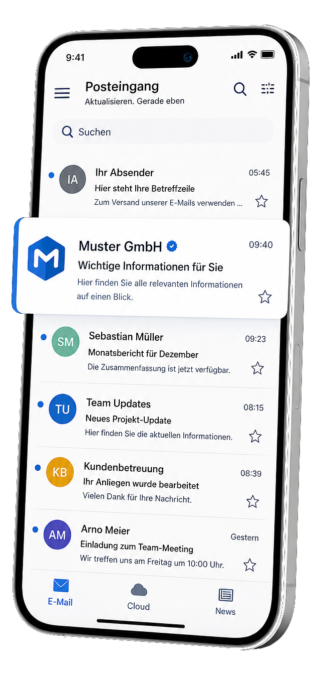 trustedDialog E-Mail mit Logo und Verifizierung im Posteingang auf einem